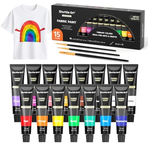 Shuttle Art Fabric Paint, 15 x 12ml Tubes Permanent Soft Fabric Paint with 3 Brushes, Non-Toxic Textile Paint for Clothes, T-Shirts, Shoes, Jeans, Bags, DIY Projects&Art, Ideal for Kids Adults Artists