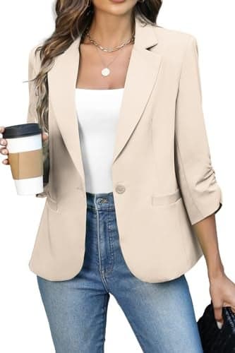 ELLEVEN Womens Blazer Business Casual Suit Jacket Slim Fit Fitted Ruched 3/4 Sleeve Petite Crop Blazer Dressy Full Lining Lightweight Outfits Coat Cardigan with Padded Shoulder Khaki Medium