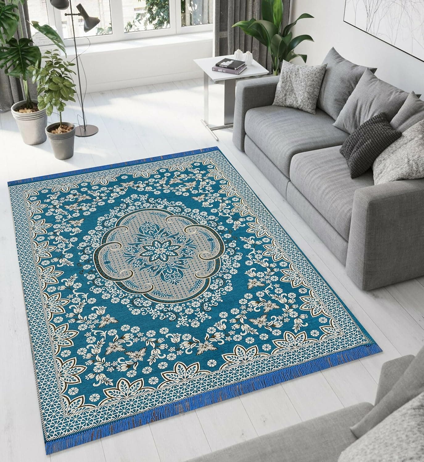 PEPONI Heavy Fabric Velvet Touch Bedroom, Hall, Living Room, Drowing Room, Yoga Hall Designer Velvet Rectangle Carpet |60" Inch X 84" Inch | 5 Feet X 7 Feet I 150 Cm X 210 Cm (Sky Blue, 5/7 Ft)
