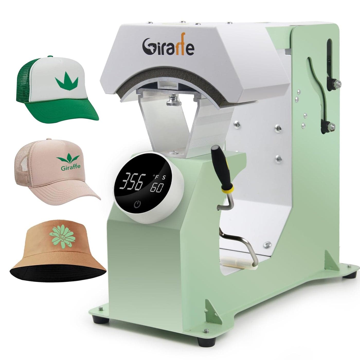 Giraffe Auto Hat Heat Press Machine Automatic Hat Press Heat Machine for Caps TShirts Bags DIY Sublimation Hat Press Cap Press Auto Open Release Digital Press KnobStyle Control Panel Green