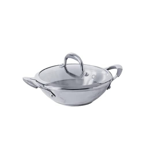 Meyer Select Nickel Free Stainless Steel Kadai with Glass Lid | Steel Kadhai with Triply Base for Deep Frying | Gas and Induction Compatible, 24cm/ 2.61 Liters, Silver