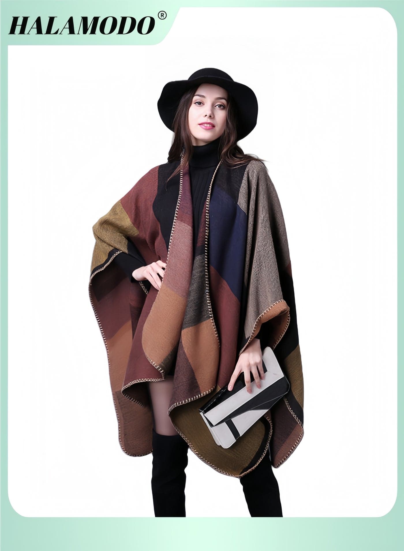 Women's Warm Shawl Wrap Open Front Long Poncho Cape with Color Block Pattern Cardigan Wrap Printed Ponchos Oversized Casual Shawls in Fall Winter