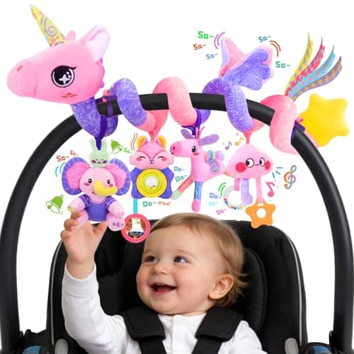 Zendstanding Musical Car Seat Toy for Babies 012 Months Girl 5in1 Sensory Activity Hanging Toy Stroller Toy with Soothing Music Rattle Mirror for Newborn Infants Essential Gifts Unicorn