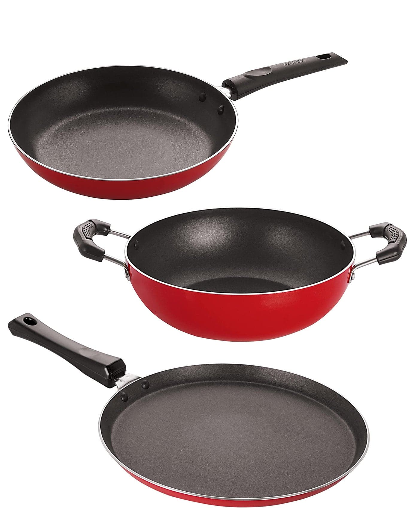 3 Piece Set of Non-Stick Flat Dosa Tawa 27.5cm, Kadai Medium 2L, Tapper Pan 20cm, Combo Offer Kitchen