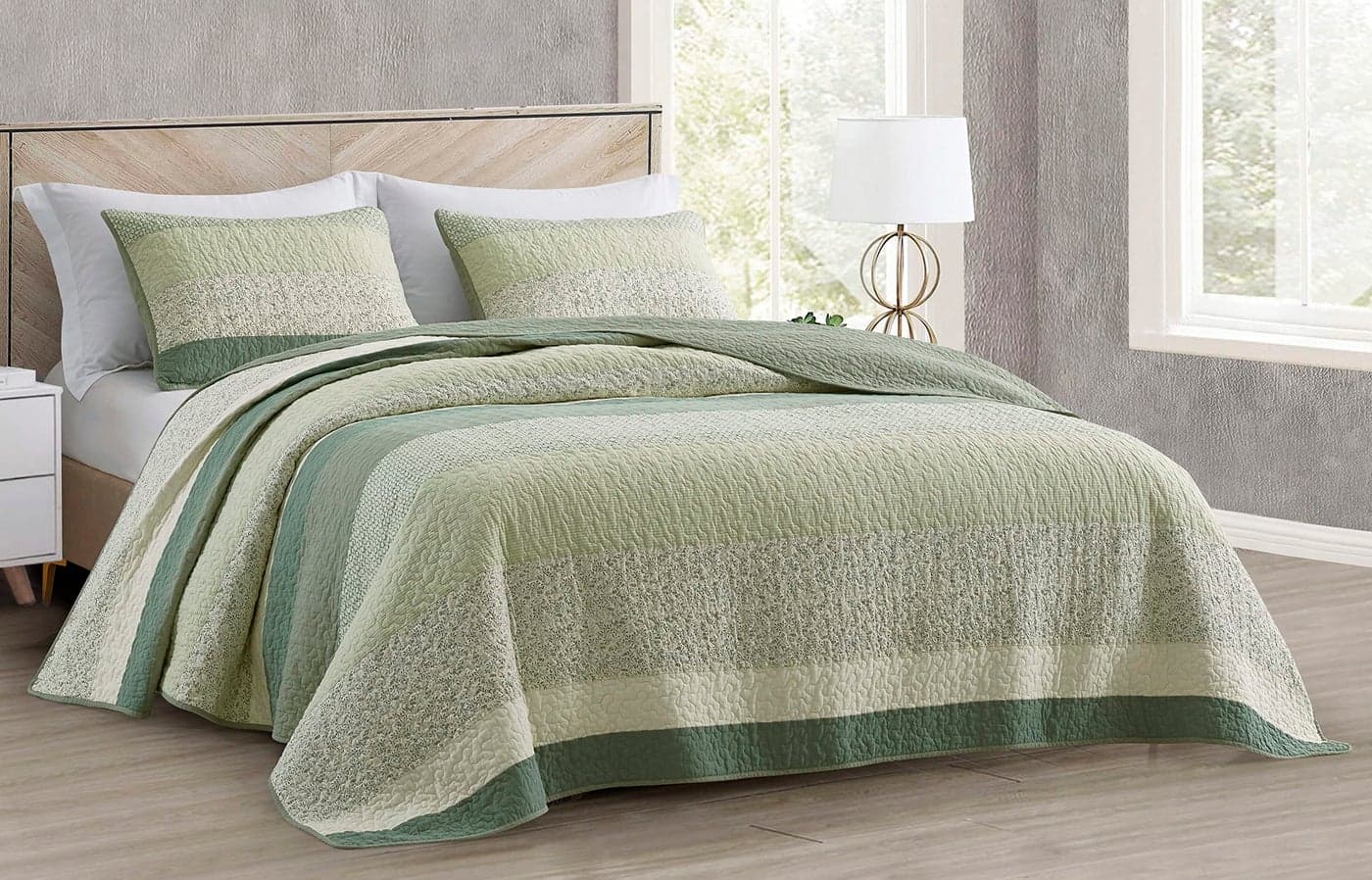 Chezmoi Collection Reed 3Piece Chic Patchwork Striped Quilt Set Green Floral Coverlet PreWashed Cotton Lightweight Reversible Bedspread King Size