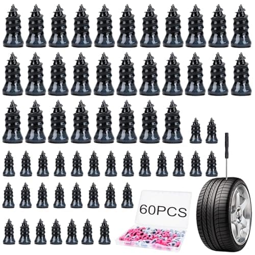 PTHMYUN 60PCS Tire Repair Rubber Nails Screw in Tire Repair Nails Kit with a Screwdriver Tire Repair Screws SelfService Tire Plugs Screw Type Tire Repair First Aid Kit for Car Motorcycle Truck