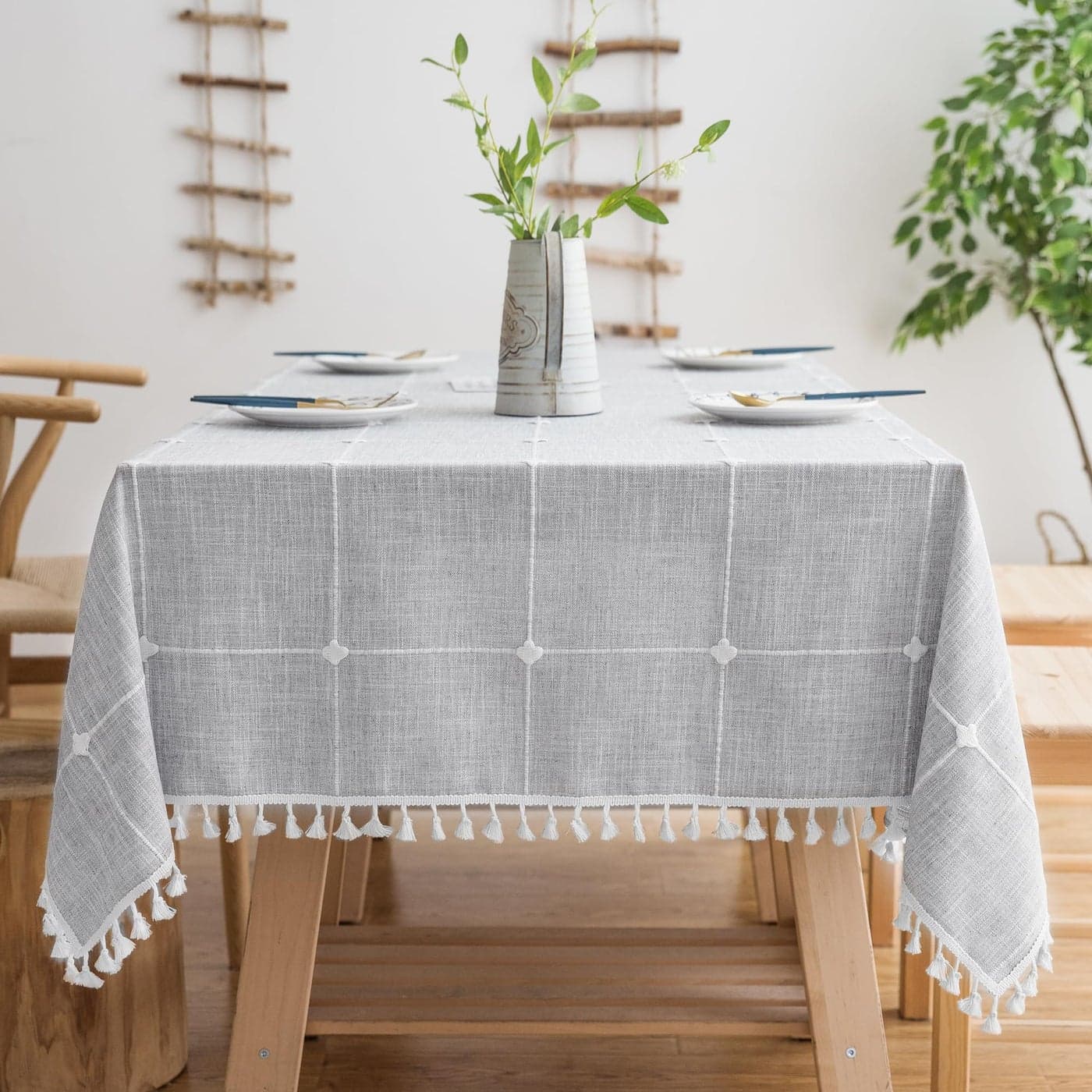 Oubonun Cotton Linen Rectangular Tablecloth Wrinkle Resistant Waterproof Machine Washable Table Cloth with Tassels for Kitchen Dining 55x86 68 Seats Grey