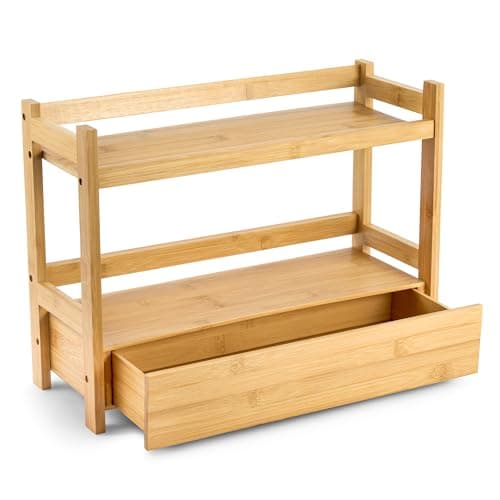 Sorbus Bamboo Bathroom Counter Organizer 2Tier Shelf with Hidden Drawer for Vanity Matcha Station Bathroom Sink Organizer Countertop Kitchen Office Storage 17Lx65Wx126H