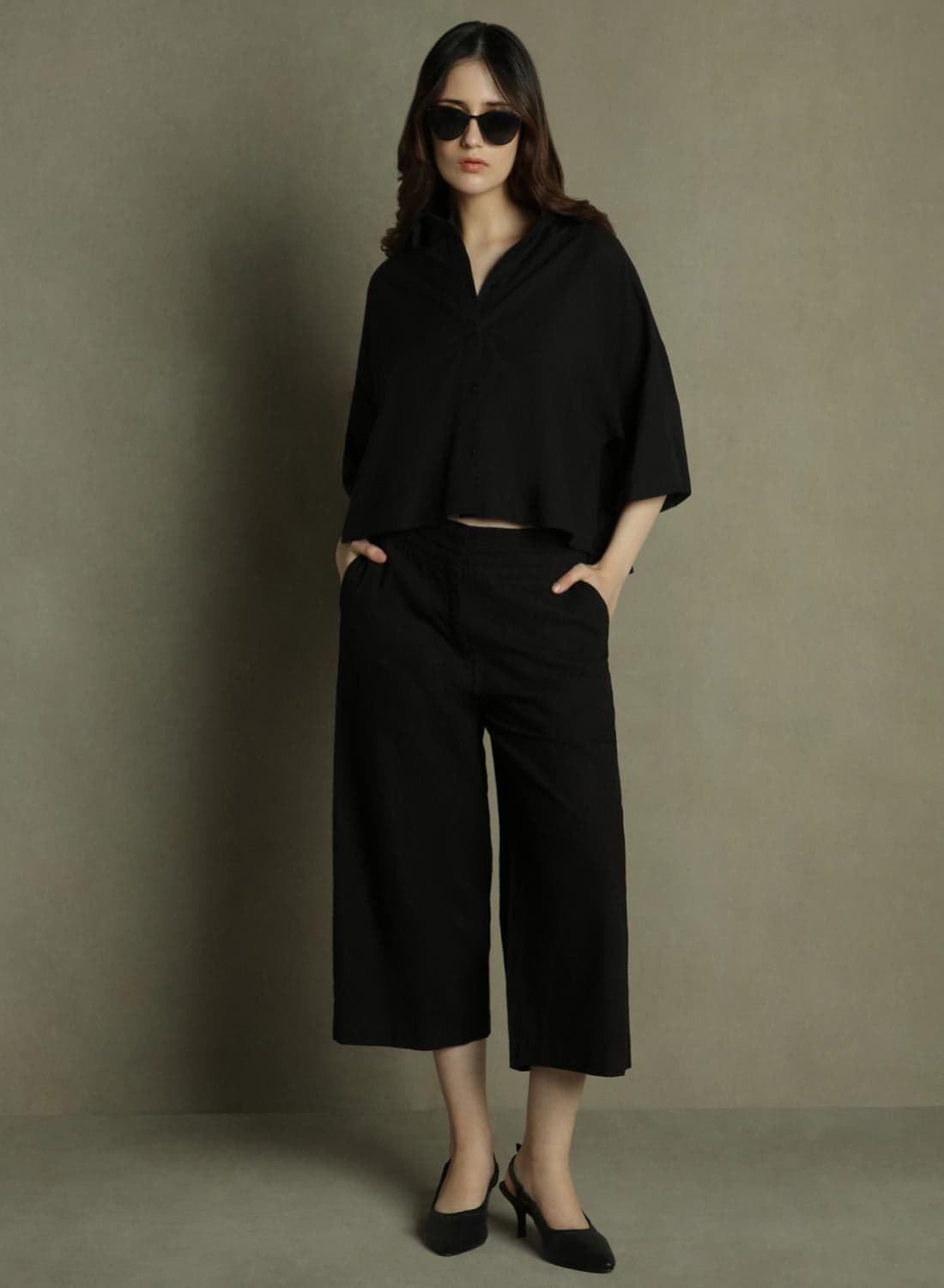 Black Relaxed Fit Culottes Trouser for Women - Cotton Poplin, Full Length, Mid Rise, Casual,