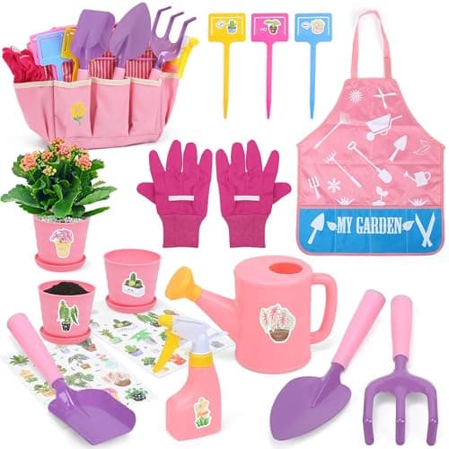CUTE STONE Kids Gardening Set Garden Toys with Metal Kids Rake Shovel Trowel Watering Can Gloves Tote Bag Gardening Kit for Toddlers Outdoor Playset Spring Summer Toys for Girls Boys