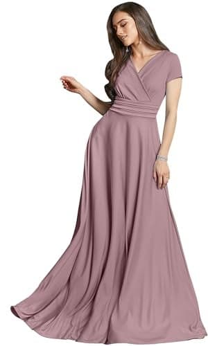KOH KOH Women’s Long Cap Short Sleeve Flowy Cocktail Semi Formal Prom Gala Black Tie Bridesmaid Wedding Guest Work Dressy Tall Gown Gowns Maxi Dress Dresses, Dusty Pink M 8-10