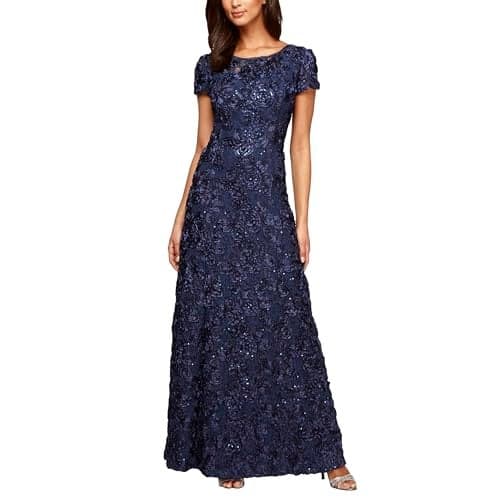 Alex Evenings Women's Long Rosette Mother of The Bride Dress with Short Sleeves, Wedding Guest, Navy, 16 Petite
