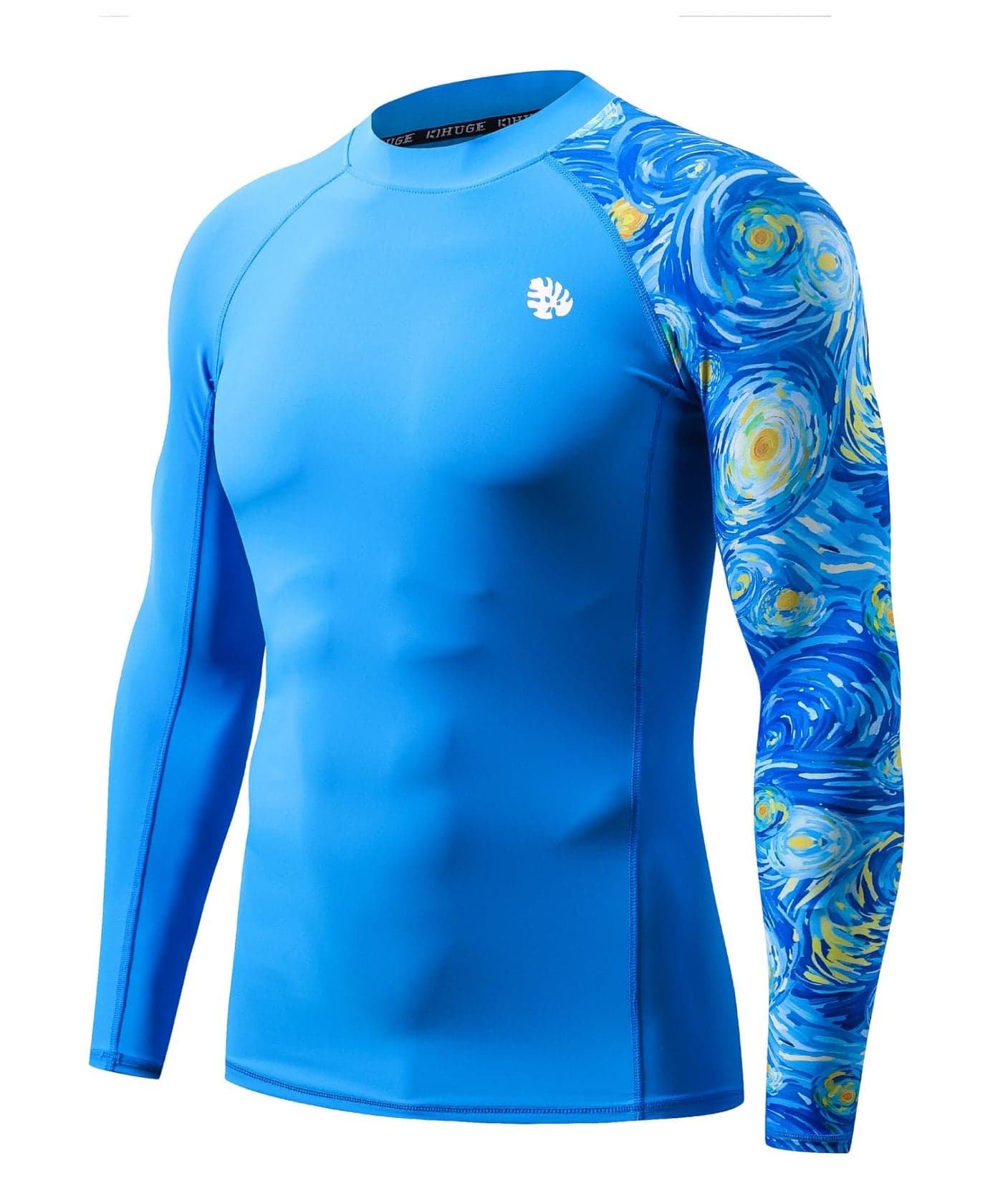 HUGE SPORTS Men's Rash Guard Long Sleeves UPF 50+ UV Sun Protection Quick Drying Splice Compression Swim Shirts Palace Blue