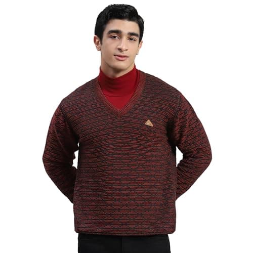 Monte Carlo Maroon Self Design V Neck Sweater | Warm Woolen Pullover for Men | Soft Comfortable Knitted Winter Wear Sweater for Men's