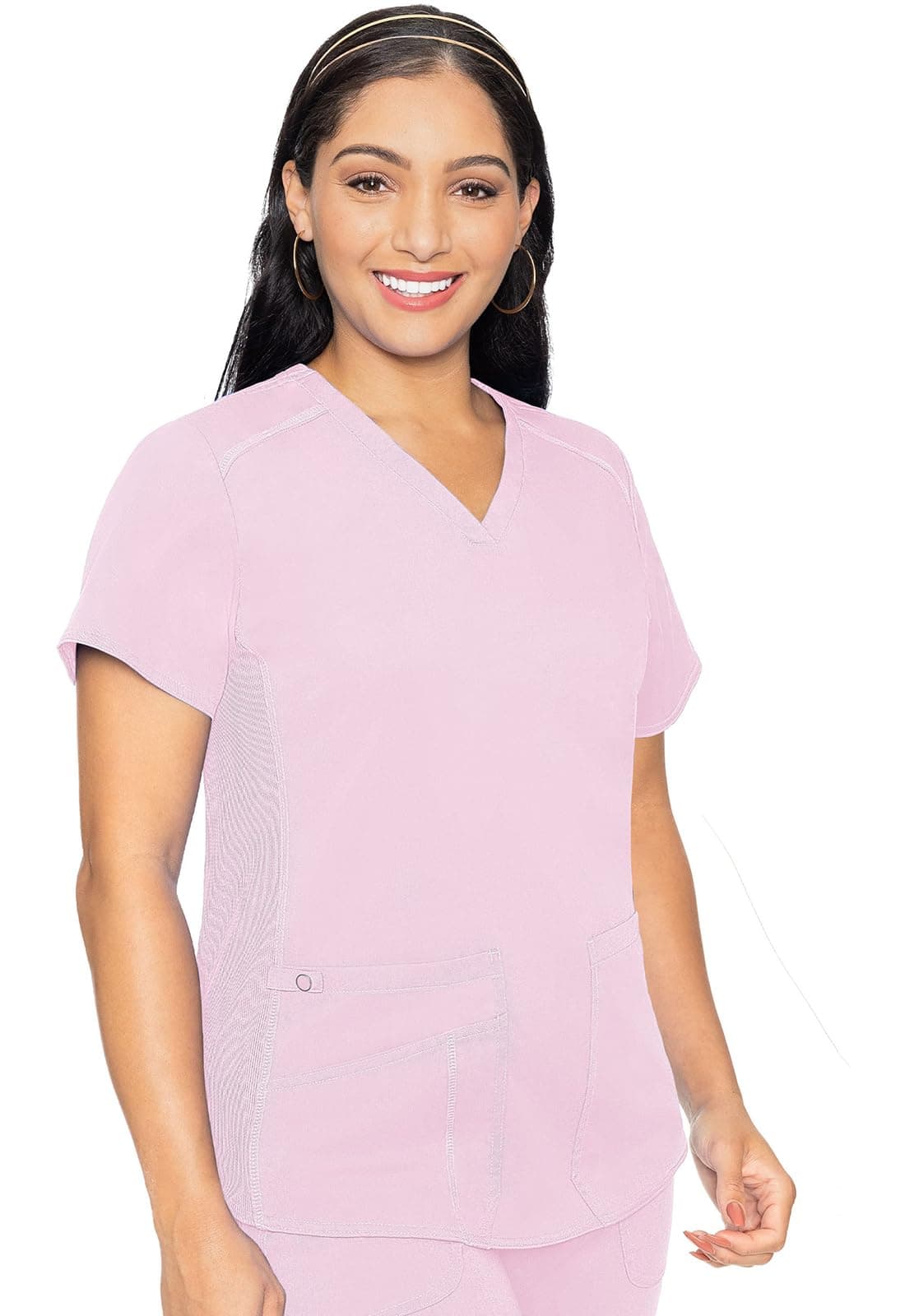 Med Couture V-Neck Scrub Top for Women with 4 Pockets, Rib-Knit Side Panel, and Shirttail Hem MC7459, XS, Ice Pink