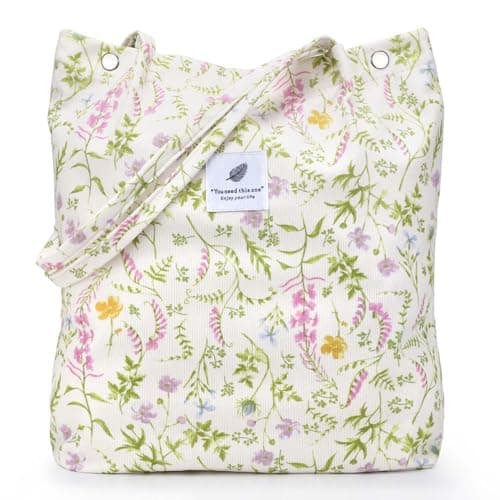 LHMTQVK Corduroy Tote Bags for Women, Large Capacity Corduroy Bag Reusable Grocery Shoulder Bag with Inner Pockets(Green-violet)