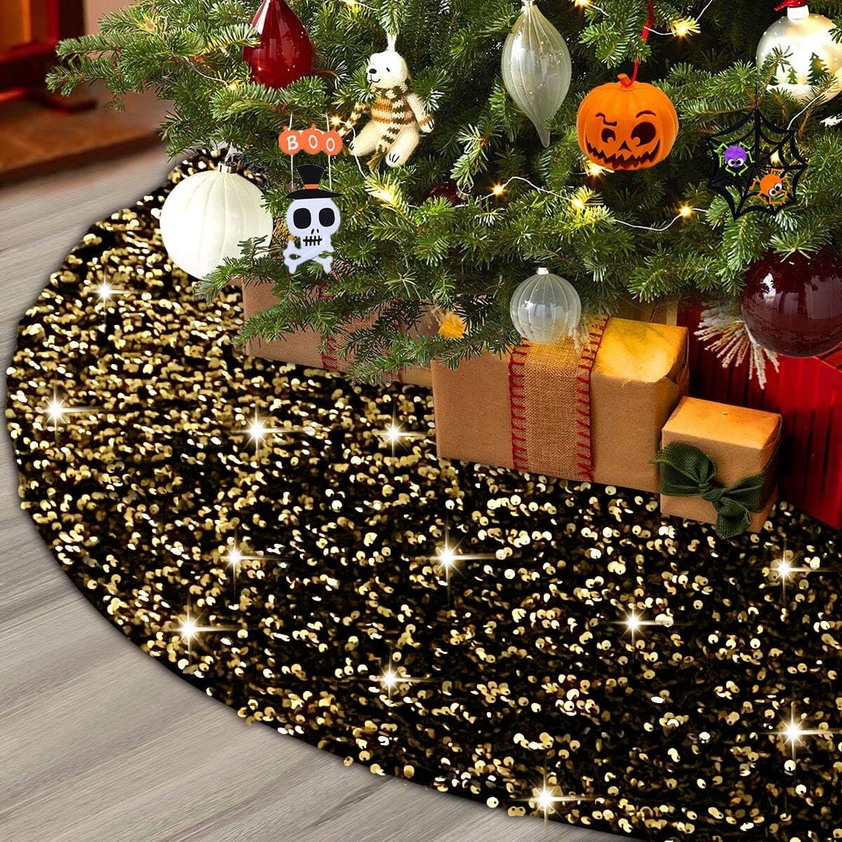 XIMISHOP 48inches Sequin Tree Skirt Glitter Golden Black Tree Skirt Mat for Christmas Halloween Holiday Tree Decorations