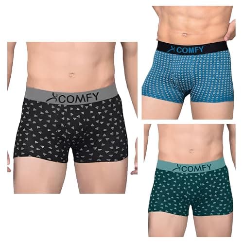 AMUL COMFY Printed Spandex Trunk for Men | 95% Cotton 5% Spandex | Super Combed Cotton Stretch Fabric | Outer Elastic Comfort Fit | Soft Hand Feel | No Marks Waistband | Color may vary | (Pack of 3)