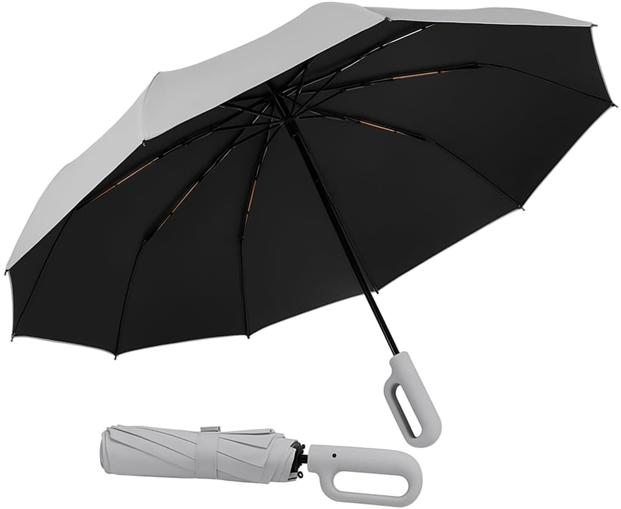 PRANIJ 3-Fold Compact Travel Golf Umbrella with Carabiner Handle | Auto Open-Close 10 Dual Rib Windproof Design | UV Protection Portable Umbrella for Rain/Sun for Car, Travel, Outdoor (Slate Grey)