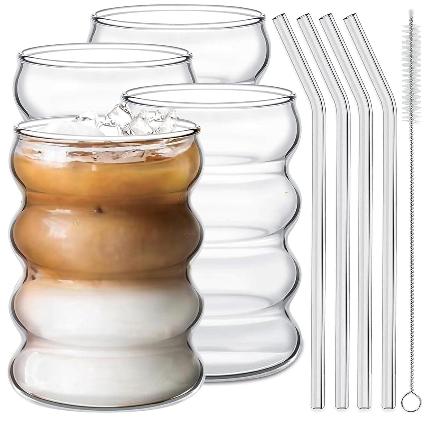 Ework4U 4 Pcs Drinking Glasses with Glass Straw 14oz Glassware SetCocktail GlassesIced Coffee GlassesBeer GlassesIdeal for WaterSodaTeaGift with Cleaning Brushe