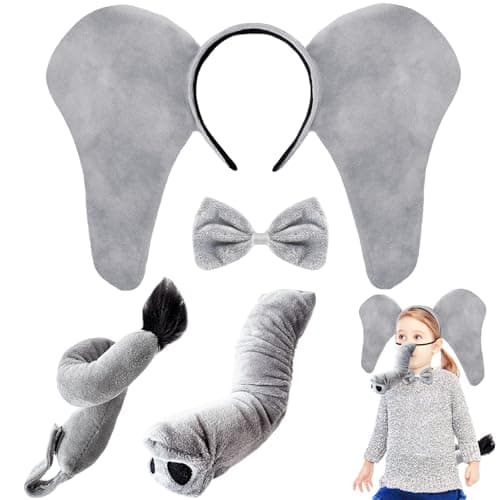 Baaxxango 4 Pcs Elephant Costume KidsElephant Ears Headband Nose Bowtie and Tail Costume AccessoriesElephant Accessories Set for Children Halloween Cosplay World Book Day