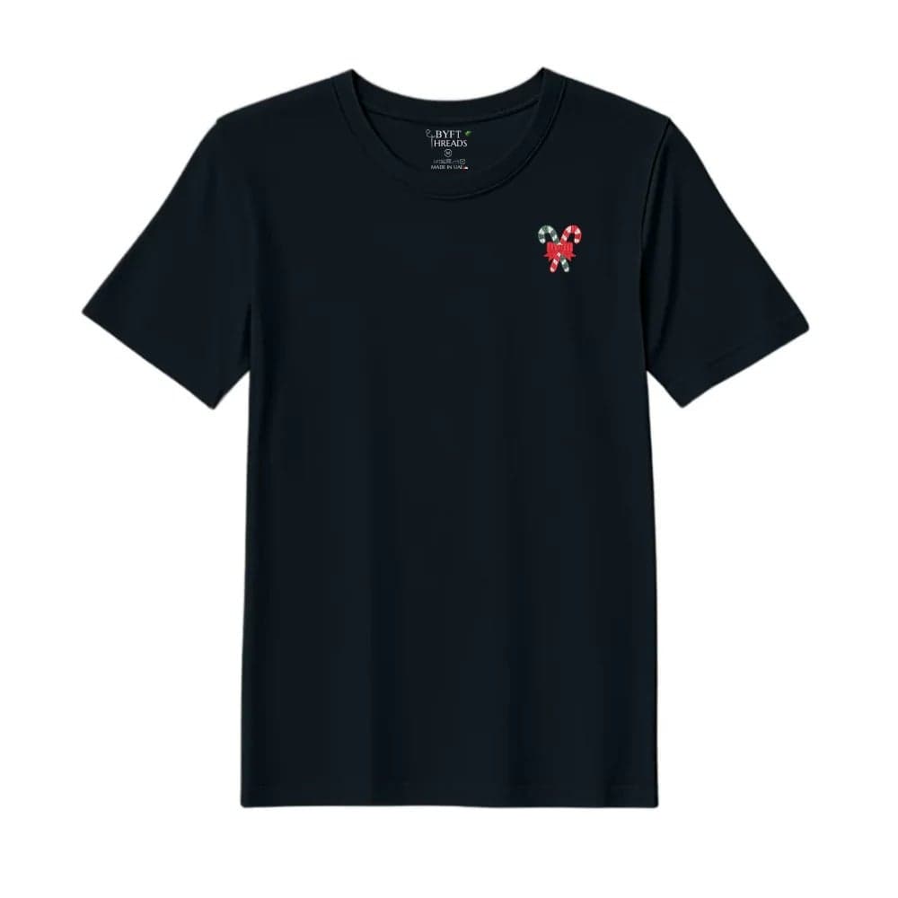 Threads XXL Black Polycotton T-Shirt - Christmas "Christmas Candy Canes with Bow" Embroidered Design, Premium Holiday Collection