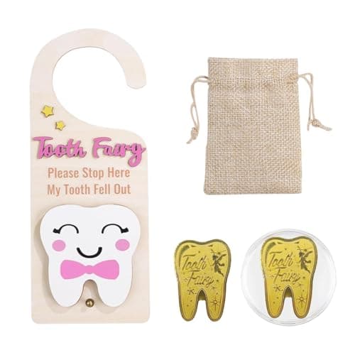 Tooth Fairy Tooth HolderTooth Fairy Door Hanger with Money Slot Gold Coins and Cute BagsTooth Fairy Gifts for Girls Boys First Milk Teeth Loss Tooth Fairy Pouch Pink