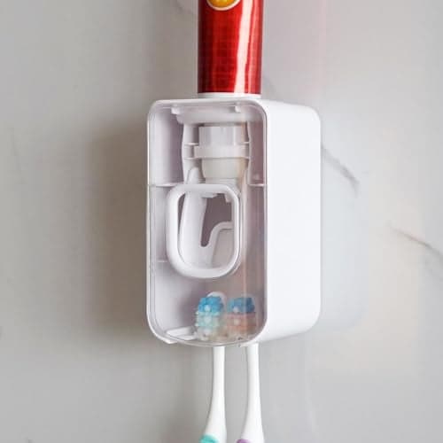 2 Slot Toothbrush Holder and Toothpaste Dispenser Wall Mounted, Automatic Toothpaste Squeezer, 2 in 1 Tooth Brush Toothpaste Organizer for Shower (Clear)