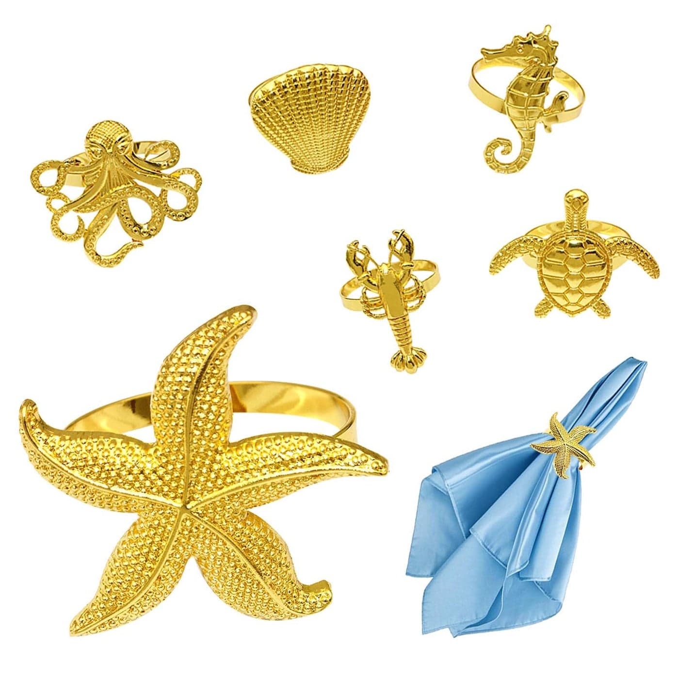 Davifina Gold Shell Lobster Starfish Napkin Rings Set of 6 Nautical Coastal Napkin Rings for Beach Wedding PartySeashell Octopus Napkin Ring Holders for Baby Shower Holiday Family Dinner Table Decor