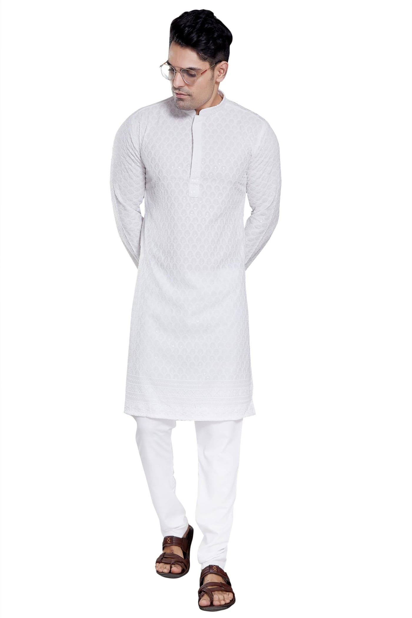 DIVISIVE Men's Sequince Embroidered Cotton Blend Slim Fit Kurta Pyjama Set (DKRT149_XXL_White)