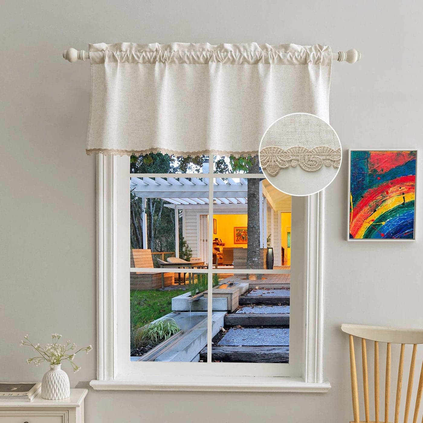 Beda HomeTasselLinenValance withEmbroideryBorder forFarmhouses KitchenLightFilteringRustic Short Topper for Small Windows BedroomPrivacy AddedRodPocket Design Design 2 52Wx18L 1PC