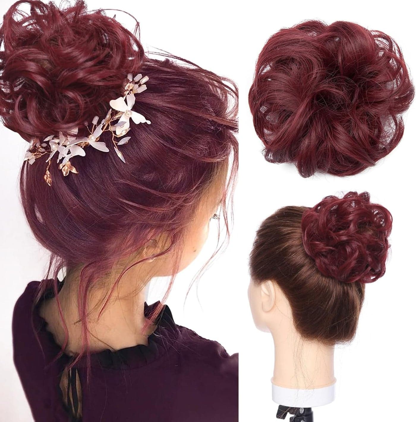 Snoilite Hairpiece with Elastic Band Large Bun Hairpiece Hair Extension Wavy Curly Messy Bun Ponytail for Women and Girls 30 g Wine Red