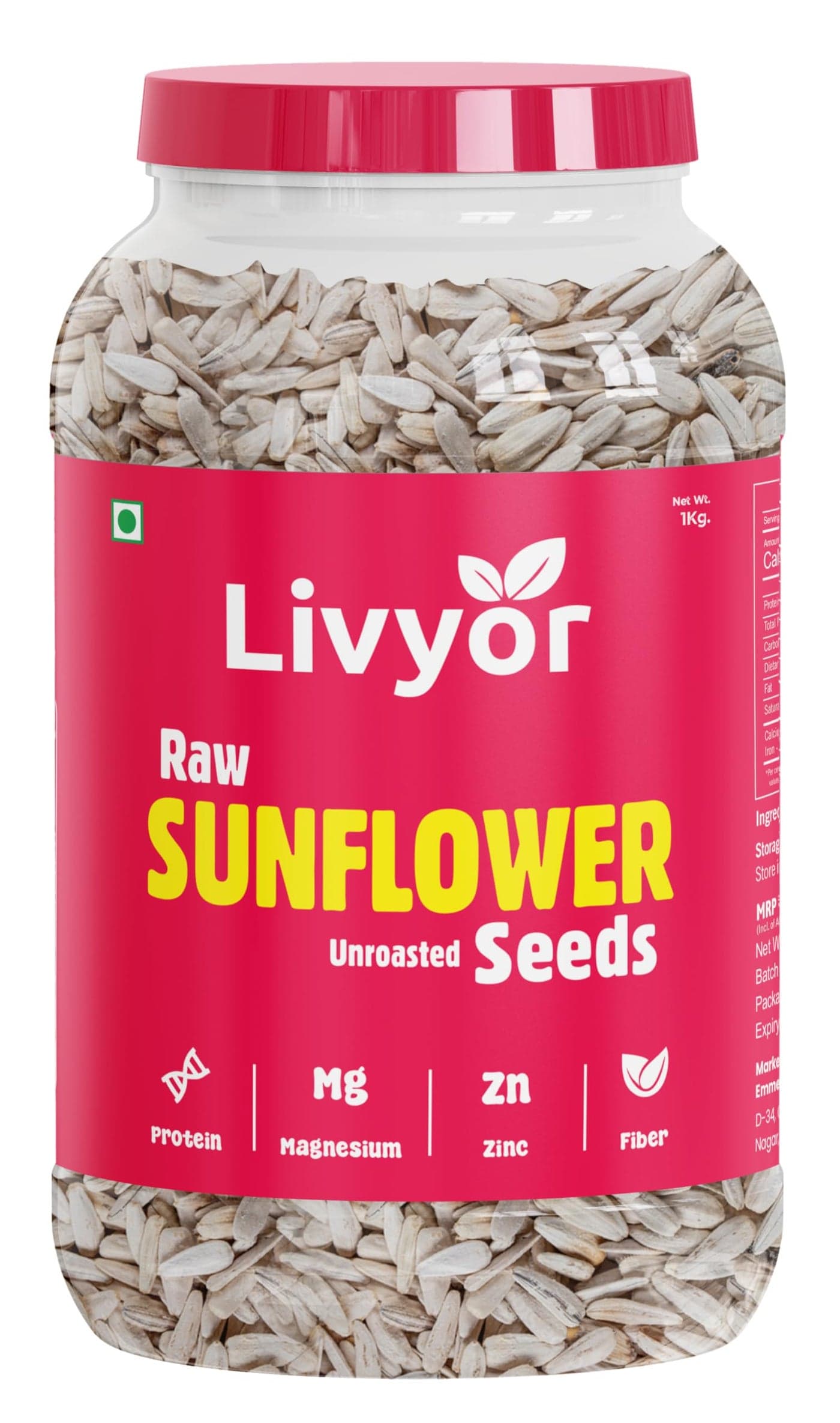 Livyor Premium Raw Sunflower Seeds for Eating - 1kg | Healthy Snack | Rich in Fibre and Protein | Diet Food | Raw seeds | Weight Management | Source of Antioxidants | Pack of 1
