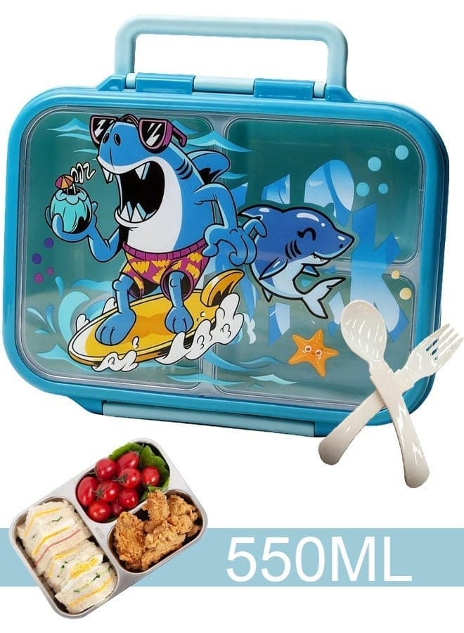 Kids Lunch Box 304 Stainless Steel Bento Box with 3 Compartments Leak-Proof Portable with Utensils 550ml Cartoon Design for Toddlers & School Kids (Sharks)