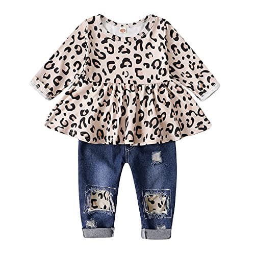XUANHAO Little Girl Clothes 3T/4T Fall Winter Long Sleeve Outfits Leopard Top & Denim Ripped Jeans for 3-4yr Old Girls