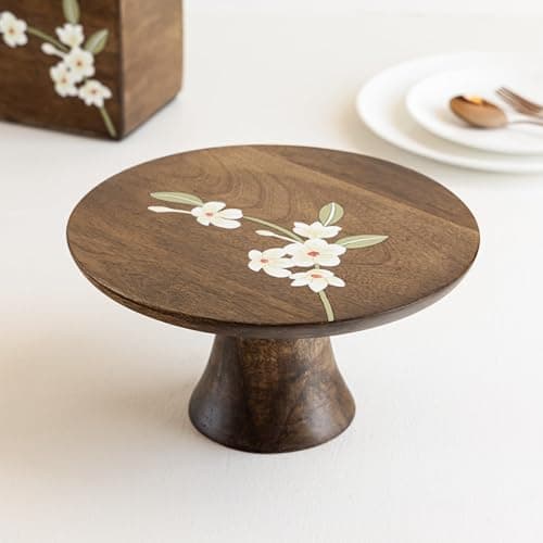 Aurum Crafts Bella Handpainted Mango Wood Cake Stand 10 Inch | Wooden Dessert Stand with Floral Design | Round Cake Server for Dining Table, Bakery & Home Décor