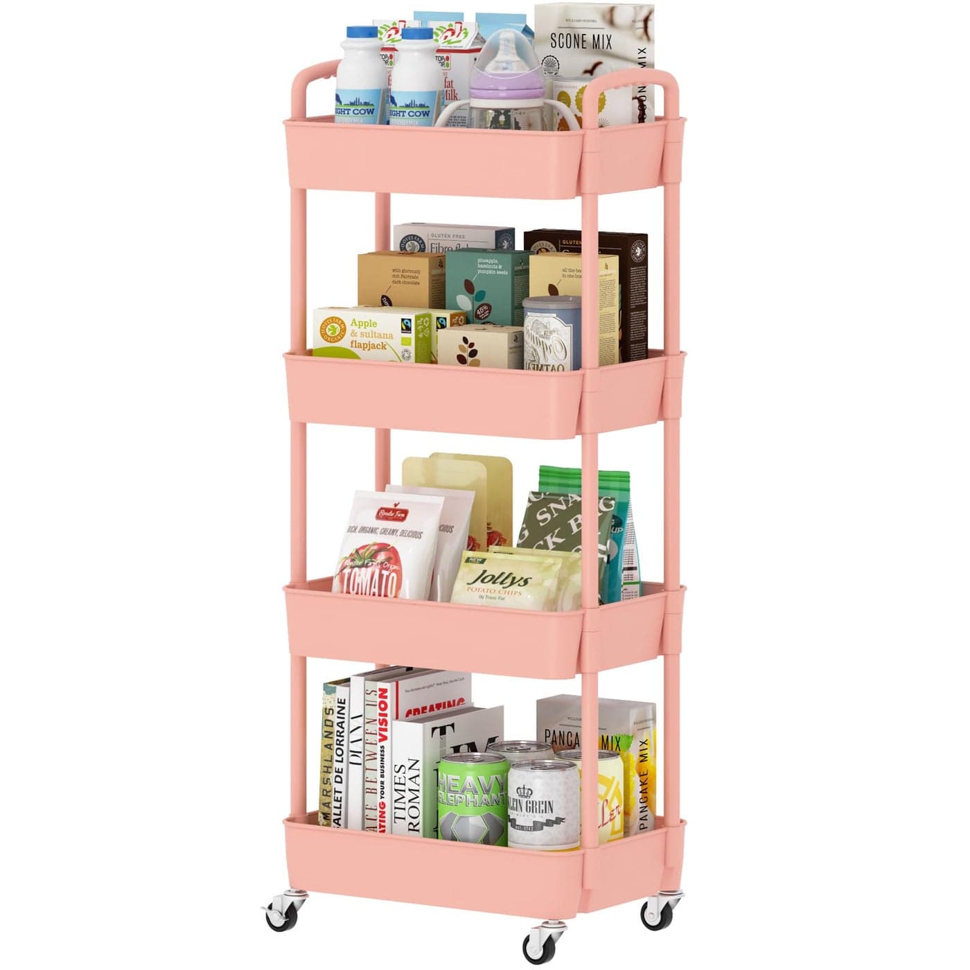 Sywhitta 4Tier Plastic Rolling Utility Cart with Handle MultiFunctional Storage Trolley for Office Living Room Kitchen Movable Storage Organizer with Wheels Pink