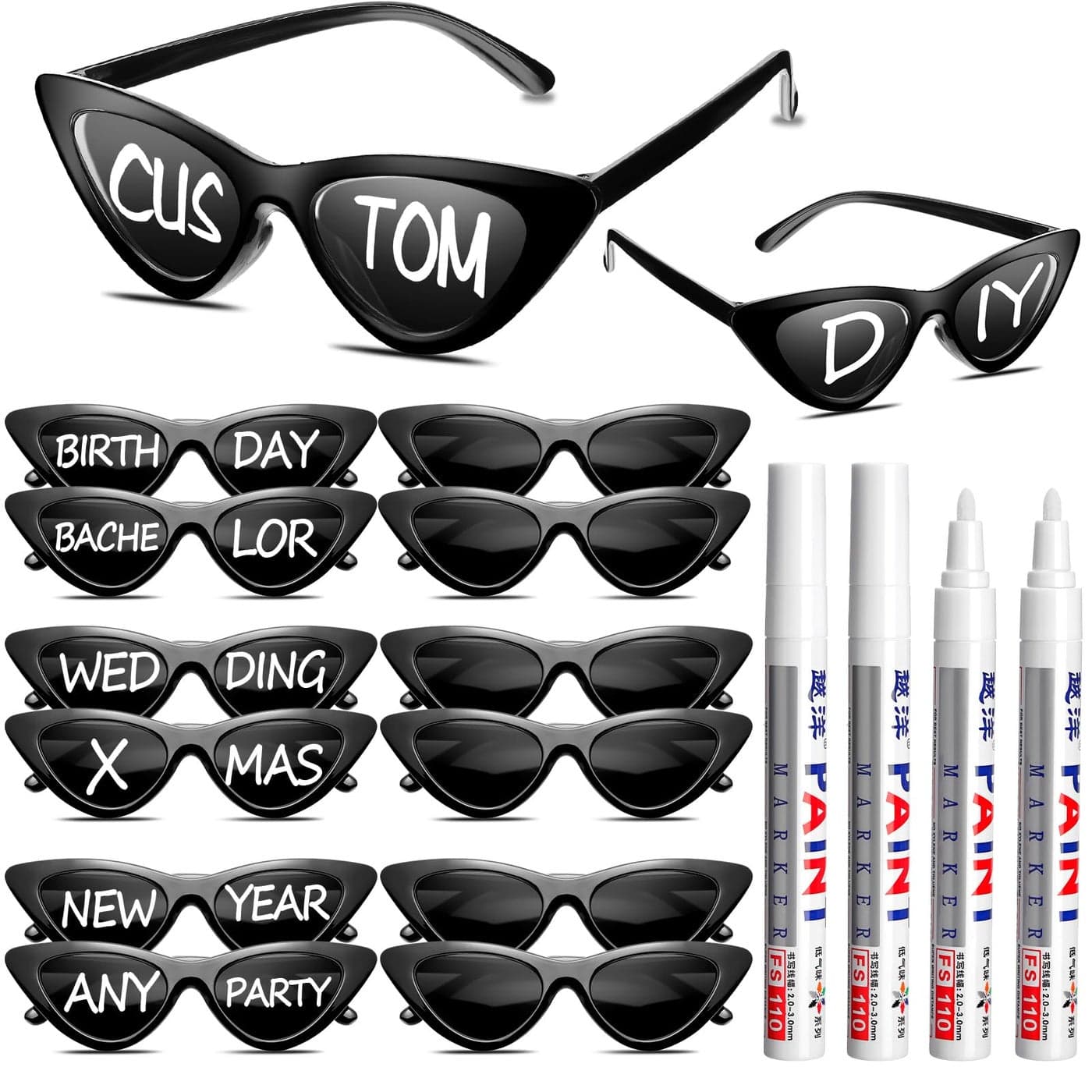 Flutesan 12 Pcs Wedding Personalised Sunglasses Bulk Custom Cat Eye Sunglasses with 4 Paint Pens for Adult DIY Custom Birthday Wedding Party Favors