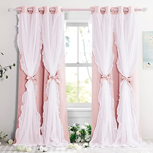 PONY DANCE Girls Curtains for Bedroom Decorative Drapes for Kids Double Layer Curtain Ruffle Sheer Overlay Room Darkening Pretty Chic Princess, 52x84 inch, Blush Pink, 2 PCs