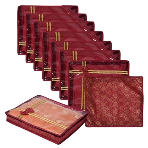 Kuber Industries Non Woven Saree Storage Bag for Wardrobe with Top Visible Window |Clothes Storage Bag Organizer|Bow Golden Printed|3 Inch|Pack Of 9|Maroon