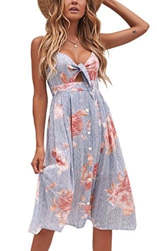 ECOWISH Women 2023 Summer Dresses Tie Front V-Neck Spaghetti Strap Button Down A-Line Backless Swing Midi Dress 1603 Stripe S
