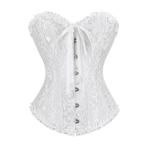 frawirshau Women's Lace Up Boned Overbust Corset Bustier Bodyshaper Top White XL