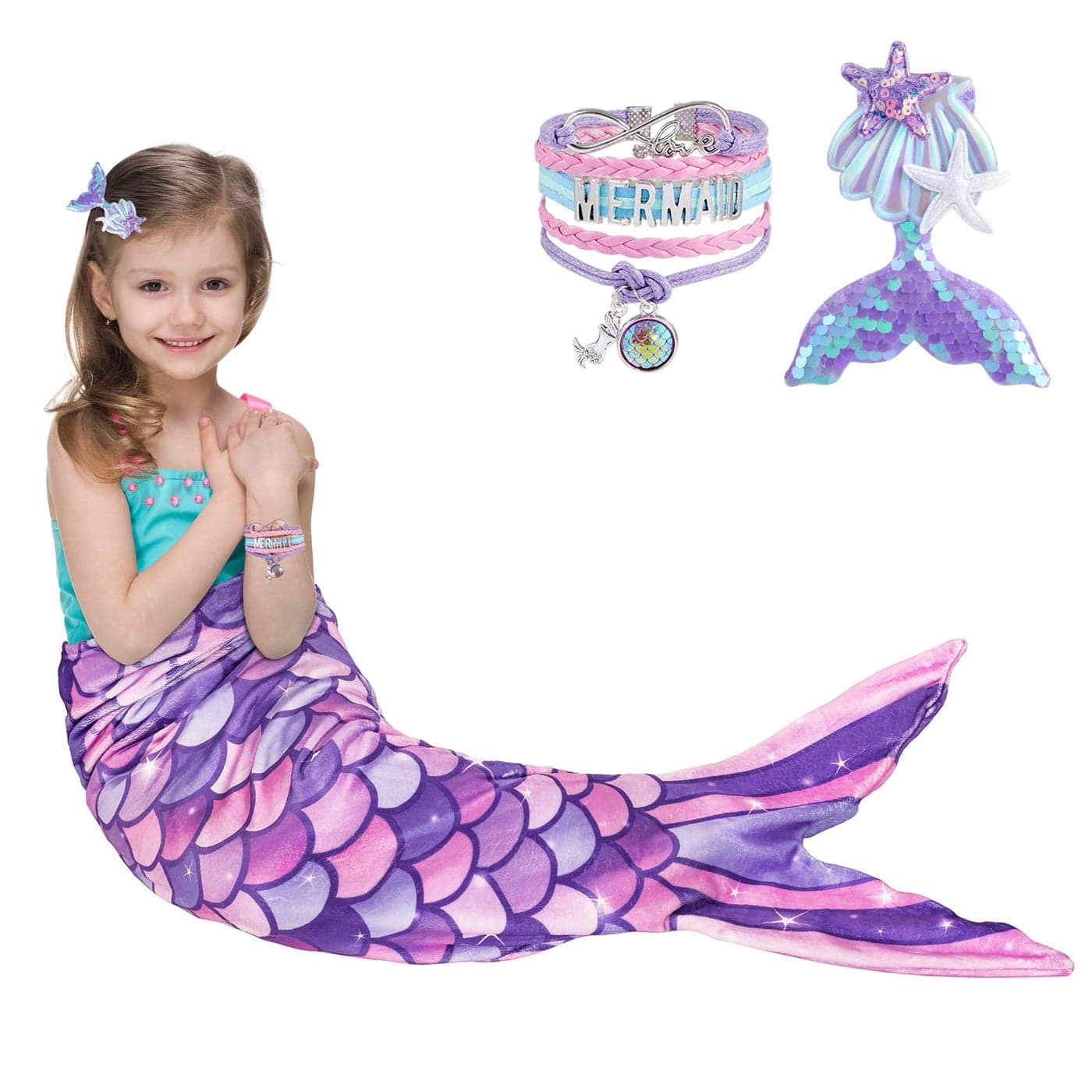 WERNNSAI Mermaid Tail Blanket Wearable Mermaid Soft Blanket with Hairpin Bracelet Soft Purple Flannel Snuggle Blanket Gift for Girls Birthday Christmas