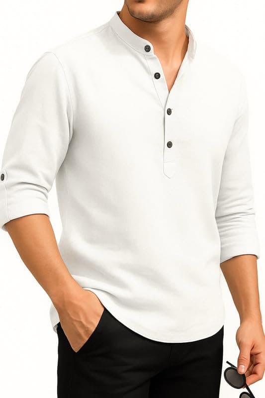 DEELMO Men's Cotton Blend Solid Regular Fit Full Sleeve Short Kurta | Men's Trendy Short Kurta White