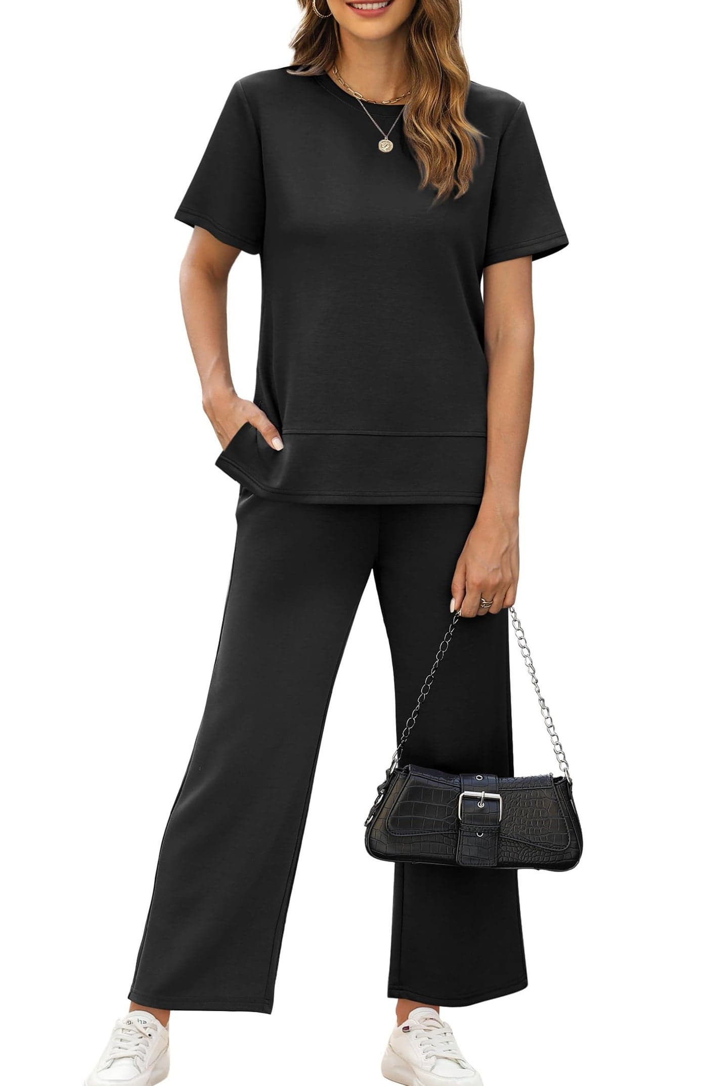 XIEERDUO Plus Size Two Piece Outfits for Women Casual Summer Lounge Set Short Sleeve Travel Tracksuit Wide Leg Loungewear Vacation Clothes Womens Trendy Spring Sweatsuit Black 3XL