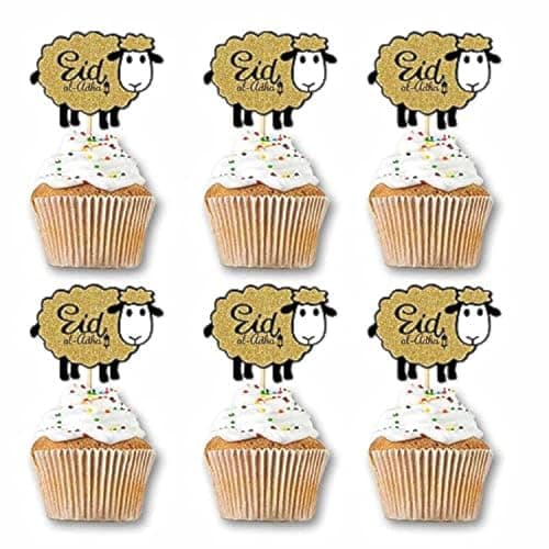SWYOUN 48PCS Glitter Sheep Design Eid Al Adha Cupcake Topper Party Supplies Islamic Muslim Party Decorations