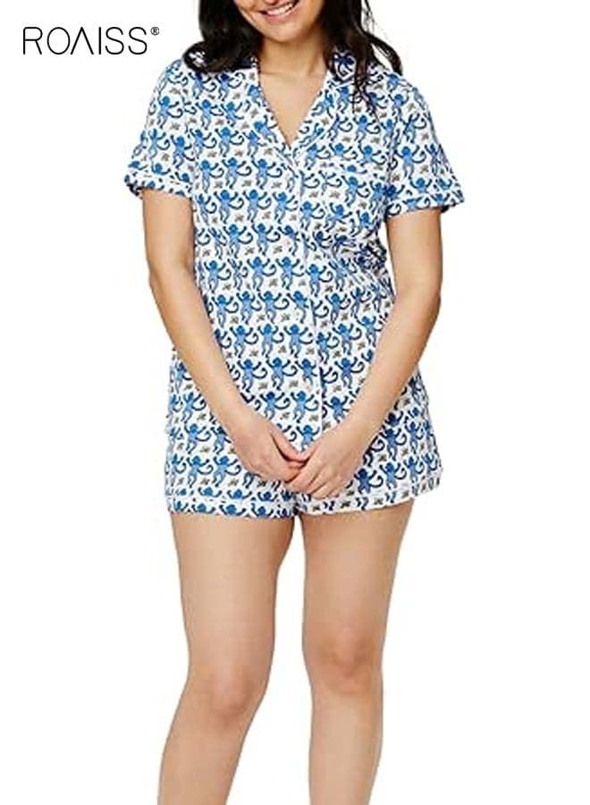 Womens Cute Print Pajamas Button Lapel Loose Shorts Set Two-Piece Pj Sets Y2k Short Sleeve Sleepwear Loungewear 2 Piece Pjs Set Summer Home Clothes for Women