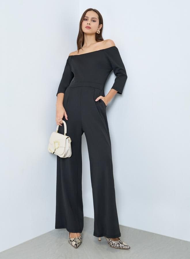 Black Off Shoulder Wide Leg Jumpsuit