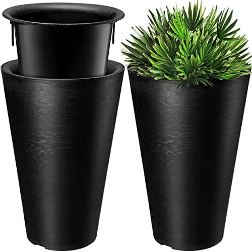 Sieral Set of 2 Tall Outdoor Planters 12 x 18 Inch Large Resin Outdoor Planters for Front Porch Flower Round Floor Decorative Indoor Pots with Drainage(Black)