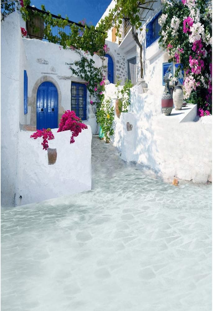 Laeacco 5x7ft Greece Backdrop Romantic Santorini Wedding Photo Backdrop Aegean Sea Greek Architecture White Stone House Flowers Momma Mia Theme Birthday Party Background Family Party Photo Studio Prop